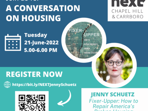 A graphic advertising our virtual conversation about housing with Jenny Schuetz about her book, "Fixer-Upper: How to Repair America's Broken Housing Systems."